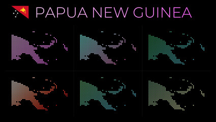Fototapeta premium Papua New Guinea dotted map set. Map of Papua New Guinea in dotted style. Borders of the country filled with beautiful smooth gradient circles. Astonishing vector illustration.