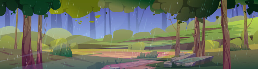 Summer forest glade landscape in rain. Nature panorama of deep woods, garden or nature park with green trees, grass and path in rainy weather, vector cartoon illustration