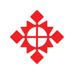 Vector isolated illustration with red geometric symbol of sun or flower. Simplified shape is ornamental element of Scandinavian people. Decorative icon for traditional fancywork