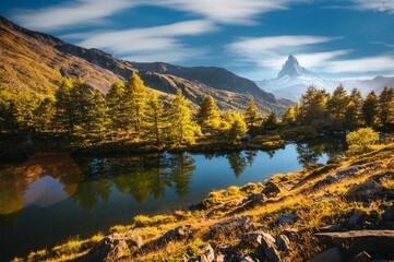 Fantastic view of Grindjisee lake with Matterhorn spire. Switzerland, Europe.