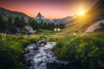 Attractive view of Grindjisee lake with Matterhorn spire. Switzerland, Europe.