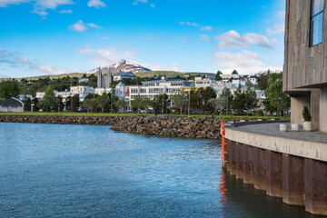 Coastline of town of Akureyri in Iceland