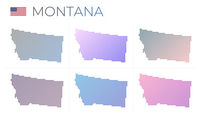 Montana dotted map set. Map of Montana in dotted style. Borders of the US state filled with beautiful smooth gradient circles. Artistic vector illustration.