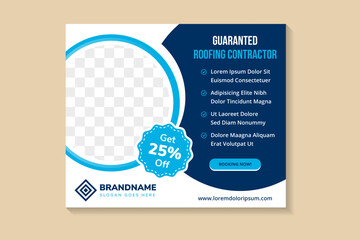 flyer template design with headline is guaranteed roofing contractor. space of photo and text. Advertising banner with horizontal layout. multicolors blue element in white background.