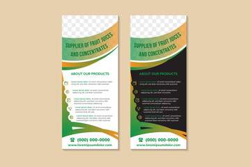 Green brown roll Up Banner template and infographics, stand design, advertisement, display, vector illustration. headline is supplier of fruit juices and concentrates. black and white background.