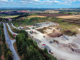 Aerial view of a construction aggregate quarry near Malton in the North Yorkshire countryside,...