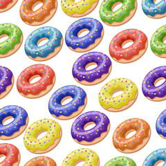 Seamless pattern of glazed rainbow-colored donuts on a white background.Vector pattern can be used in textiles, packaging,postcards,bakery designs.