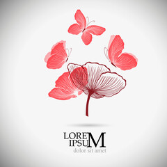 Logo poppy flowers with butterflies. Vector illustration