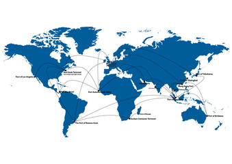 Global network coverage world map import-export of the busiest container port. International order concept. vector illustration.