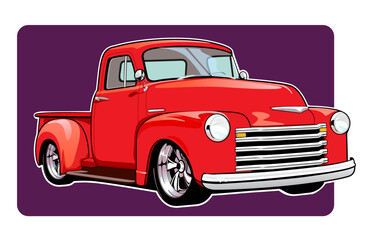 Vintage American truck, legendary pickup from the 1950s. American classic car. Vector illustration. Red version - obrazy, fototapety, plakaty