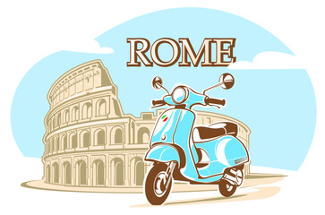 Rome, Roma, Colosseum landmark illustration and scooter. Vector illustration - obrazy, fototapety, plakaty