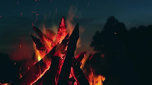Big Burning Campfire at Summer Night against the Blue Sky. Wood on Fire. Flying Sparks. Travel and Tourism Concept. Giant Flaming Bonfire - Static Shot, Slow Motion