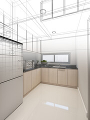 abstract sketch design of kitchen room ,3d rendering