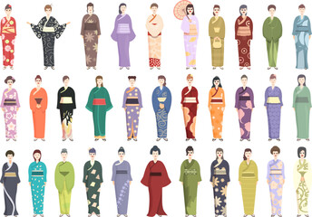 Kimono icons set cartoon vector. Asian geisha. Japan girl