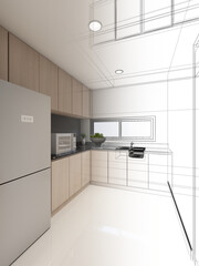 abstract sketch design of kitchen room ,3d rendering