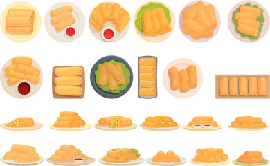 Spring roll icons set cartoon vector. Asia food. Cheese sauce