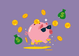Pink piggy bank wear sunglasses floating golden coins. The creative concept of saving money. Simple trendy cute cartoon vector flat style illustration.