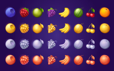 Color set of fruit icons for online casino app interface. Cartoon blueberry, ruspberry, apple, grape, banana, watermelon, cherry, orange illustration for slot machine game screen on background