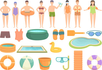 Childrens swimming pool icons set cartoon vector. Activity swimwear. Beach kid