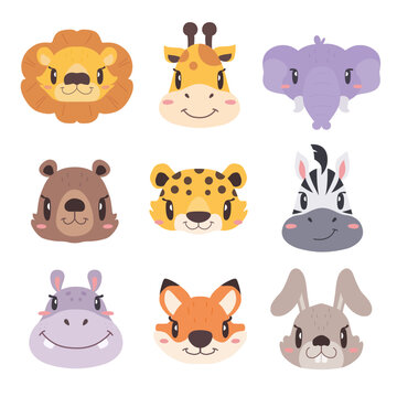 Cute animals, cartoon, vector, illustration, lion, giraffe, elephant, bear, Cheetah, zebra, hippopotamus, fox, rabbit