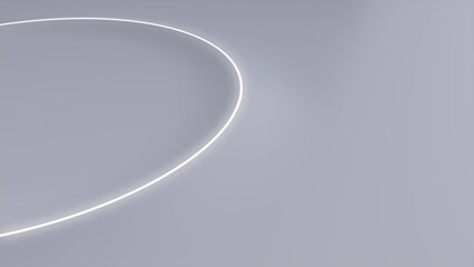 White Surface with Embossed Shape and White Illuminated Edge. Tech Background with Neon Circle. 3D Render.