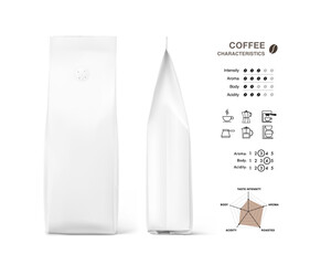Coffee bag with set of sign for detailed guideline. Front and side view. Vector illustration on a white background. Ready for your design. Perfect  for packaging, advertising, promo. EPS10.