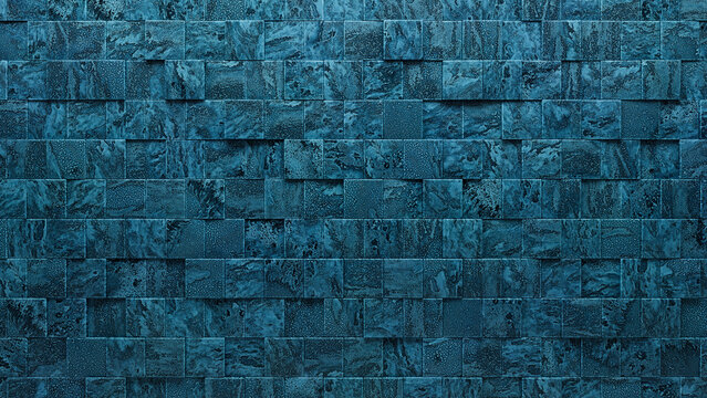 Square Tiles arranged to create a 3D wall. Blue Patina, Textured Background formed from Polished blocks. 3D Render