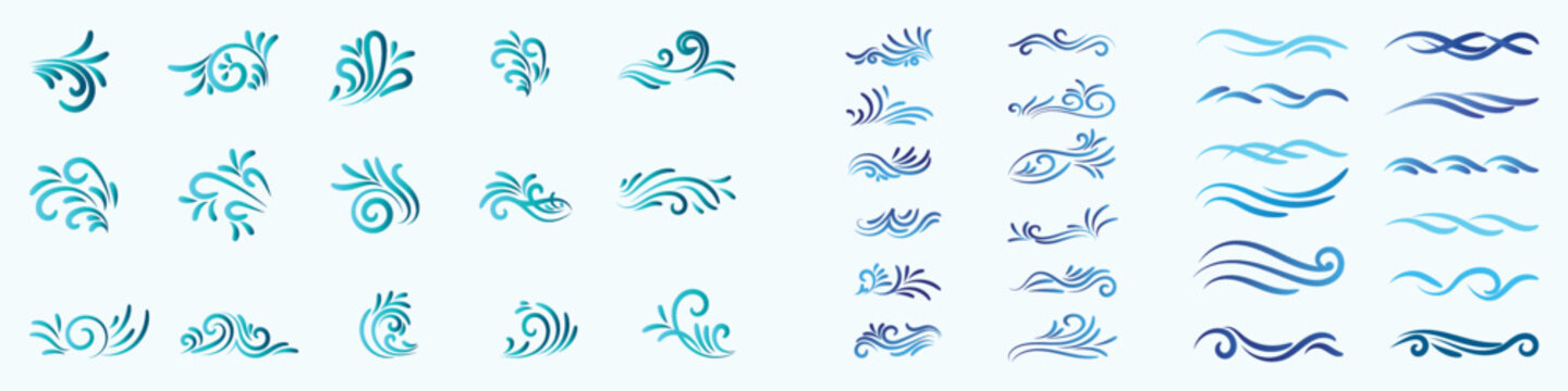 Vector water waves, Aqua waves background, Ocean and sea waves, Water wave icon vector illustration, Sea waves sketch. Storm wave, vintage, and ocean beach storms hand-drawn vector illustration set.
