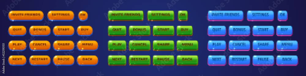 Poster glossy buttons for game or app menu interface, ui design elements set. orange, green and blue shiny 