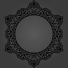 Oriental vector round dark frame with arabesques and floral elements. Floral border with vintage pattern. Greeting card with circle and place for text