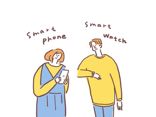 スマートフォンを見る若い女性と、スマートウォッチを見る若い男性、文字あり、横