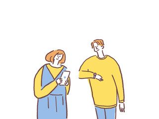 スマートフォンを見る若い女性と、腕時計（スマートウォッチ）を見る若い男性、横