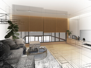 sketch design of interior living, 3d rendering