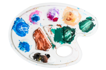 Art palette with stains of watercolor paint