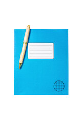 Blue exercise book and pen