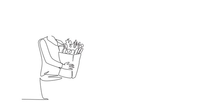 Animation of one line drawing woman holding grocery paper bag with fruits, vegetables, bread, milk inside. Commercial retail shopping concept. Continuous line self draw animated. Full length motion.