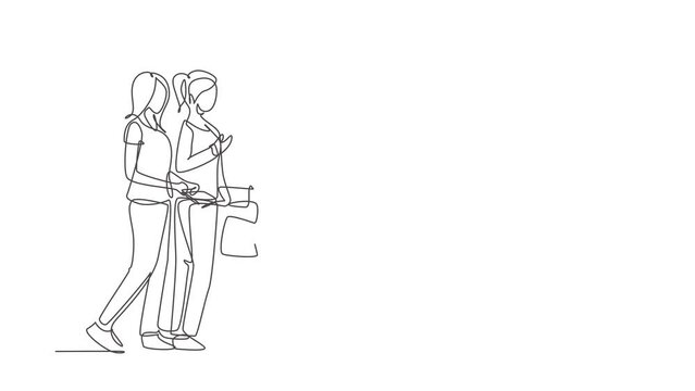 Animated self drawing of continuous line draw two happy woman shopping and pushing trolley together at supermarket to buy daily organic products. Shopping concept. Full length single line animation.