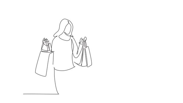 Animated self drawing of continuous line draw happy beauty woman holding paper bags after buying dress, make up, cosmetic, fashion in mall. Shopping in mall concept. Full length single line animation.