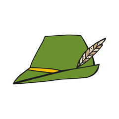 Oktoberfest 2022 - Beer Festival. Hand-drawn Doodle green hat with a feather on a white background. German Traditional holiday.