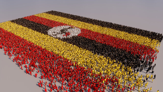 Ugandan Flag formed from a Crowd of People. Banner of Uganda on White.