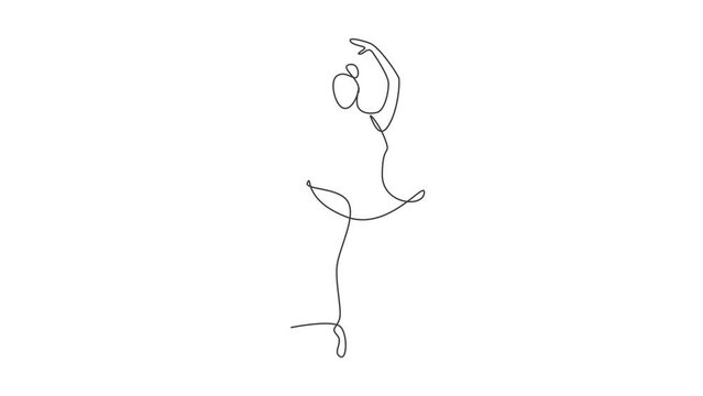 Animation of one line drawing sexy woman beauty ballerina. Pretty ballet dancer shows dance motion concept. Minimalist wall decor poster print. Continuous line self draw animated. Full length motion.