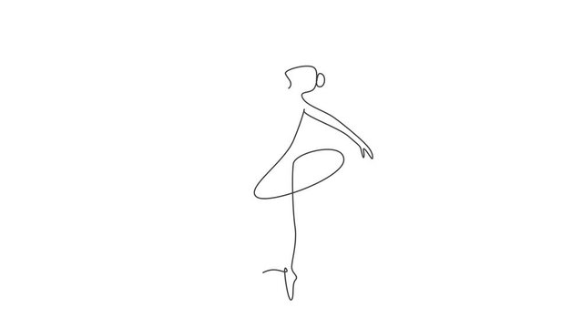 Animated self drawing of single continuous line draw ballerina in ballet motion dance style. Beauty minimalist dancer concept logo, Scandinavian poster print art. Full length one line animation.
