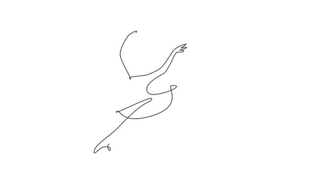 Animated self drawing of single continuous line draw ballerina in ballet motion dance style. Beauty minimalist dancer concept logo, Scandinavian poster print art. Full length one line animation.