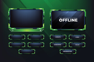 Green Live stream overlay design with offline screen section and colorful buttons. Live streaming overlay decoration for online gamers. Futuristic gaming overlay vector for screen panels.