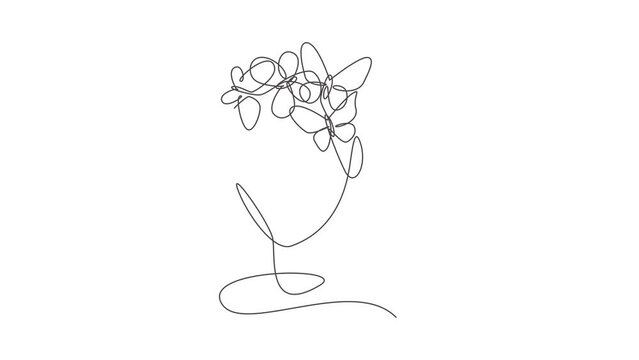 Animation of one line drawing woman with butterfly line art. Female abstract face butterfly wings portrait minimalistic fashion style concept. Continuous line self draw animated. Full length motion.