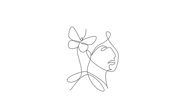 Animated self drawing of one continuous line draw sexy woman abstract face with butterfly wings logo. Female portrait minimalist style concept. Cosmetic icon. Full length single line animation.