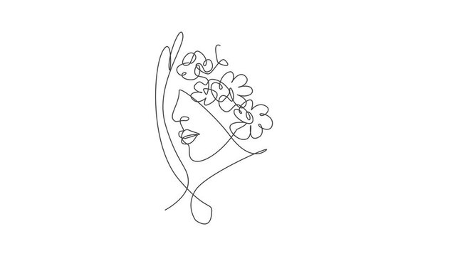 Animation of one line drawing abstract face with natural flowers. Beauty woman portrait minimalistic style concept for wall decor art print. Continuous line self draw animated. Full length motion.