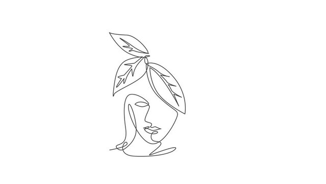 Animated self drawing of one continuous line draw minimalist beauty nature cosmetic hairstyle. Flower bouquet in woman head abstract face concept. Wall decor print. Full length single line animation.