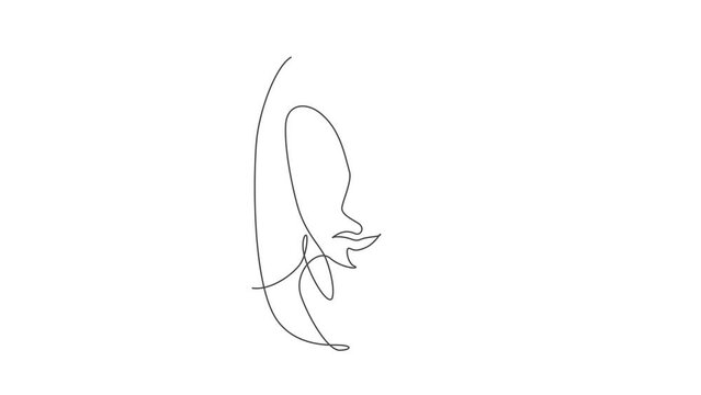 Animation of one line drawing woman beauty abstract face, hairstyle, fashion. Pretty sexy minimalist feminine style concept for t-shirt print. Continuous line self draw animated. Full length motion.