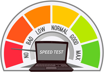 Speed test application, website loading speed optimization with server testing, web programming, mobile app development, and page software. Computer with speedometer, power progress adjusting